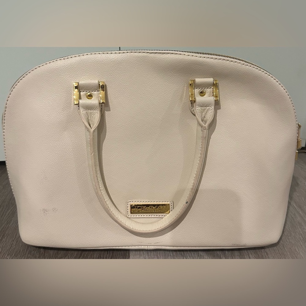 JOY & IMAN Size Large Cream Over the Shoulder Zipper Hard Shell Tote Gold Decals